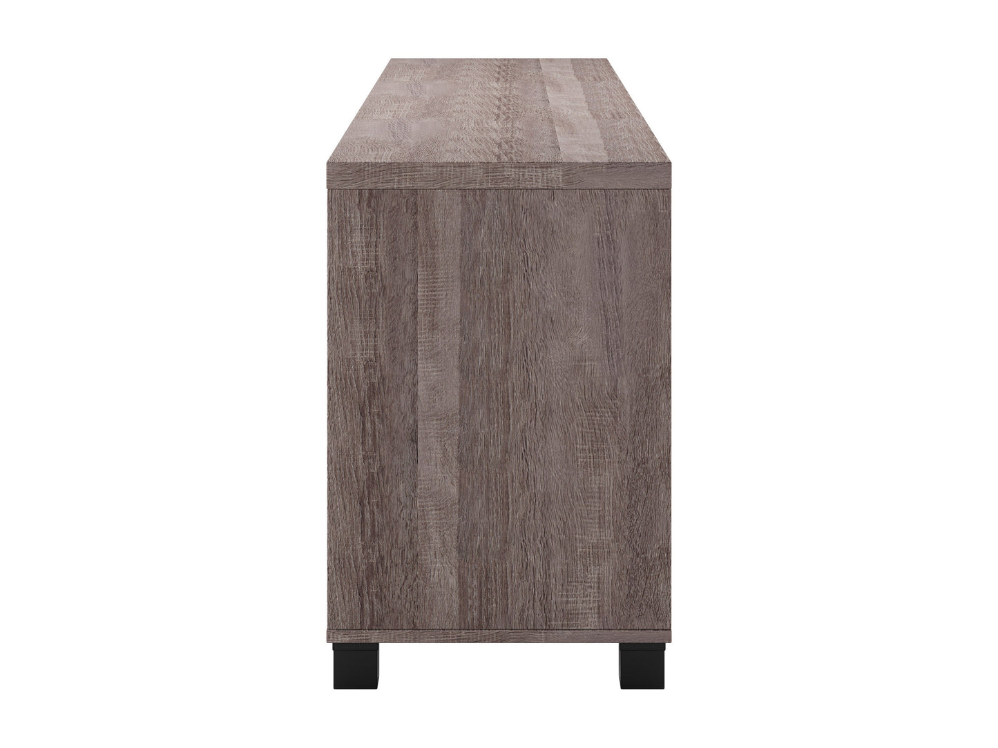 Brown wooden TV stand with doors, suitable for TVs up to 85 inches. Features a sleek design with ample storage space, including two cabinets and open shelving, perfect for living room organization.