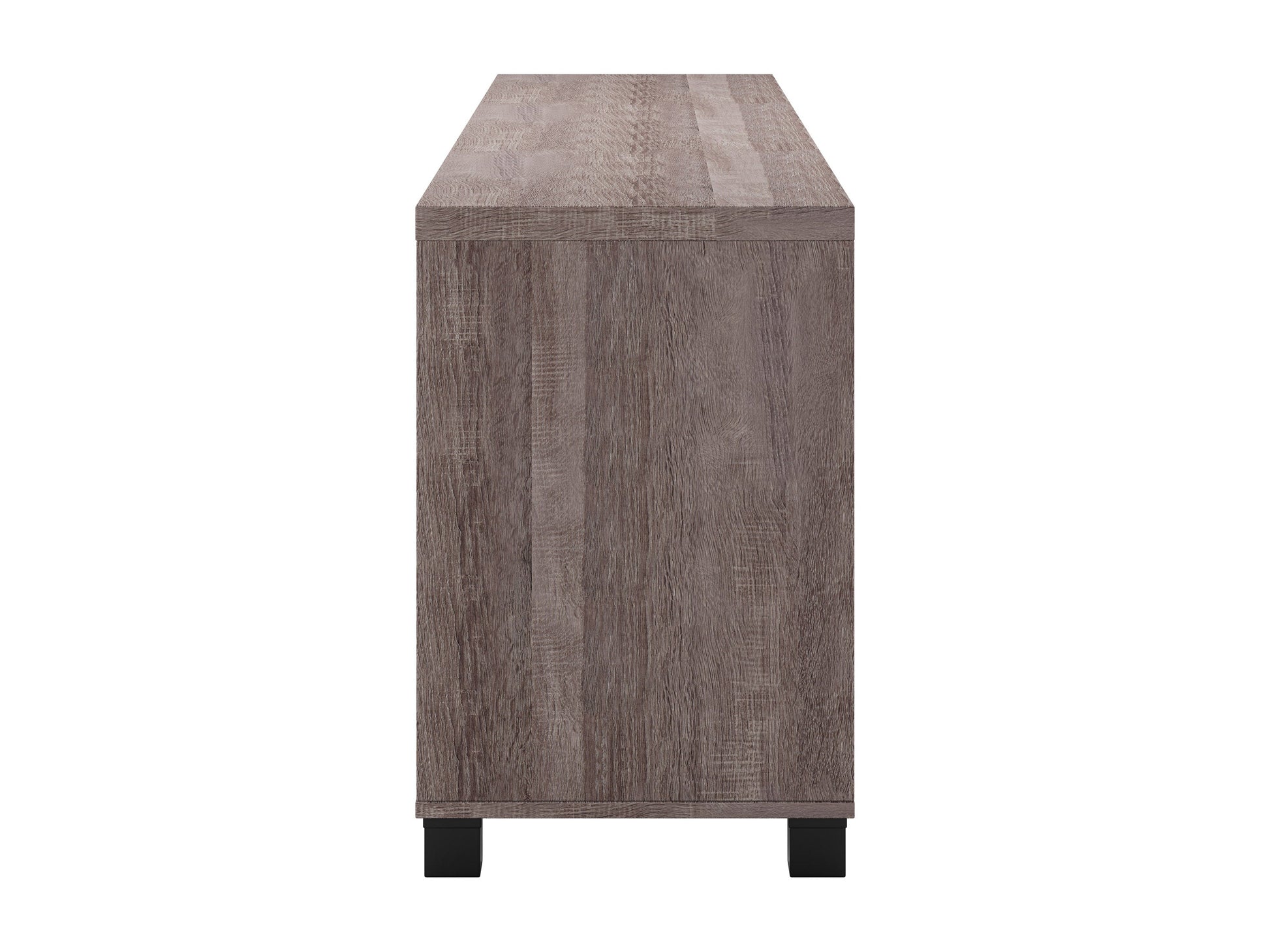 Brown wooden TV stand with doors, suitable for TVs up to 85 inches. Features a sleek design with ample storage space, including two cabinets and open shelving, perfect for living room organization.