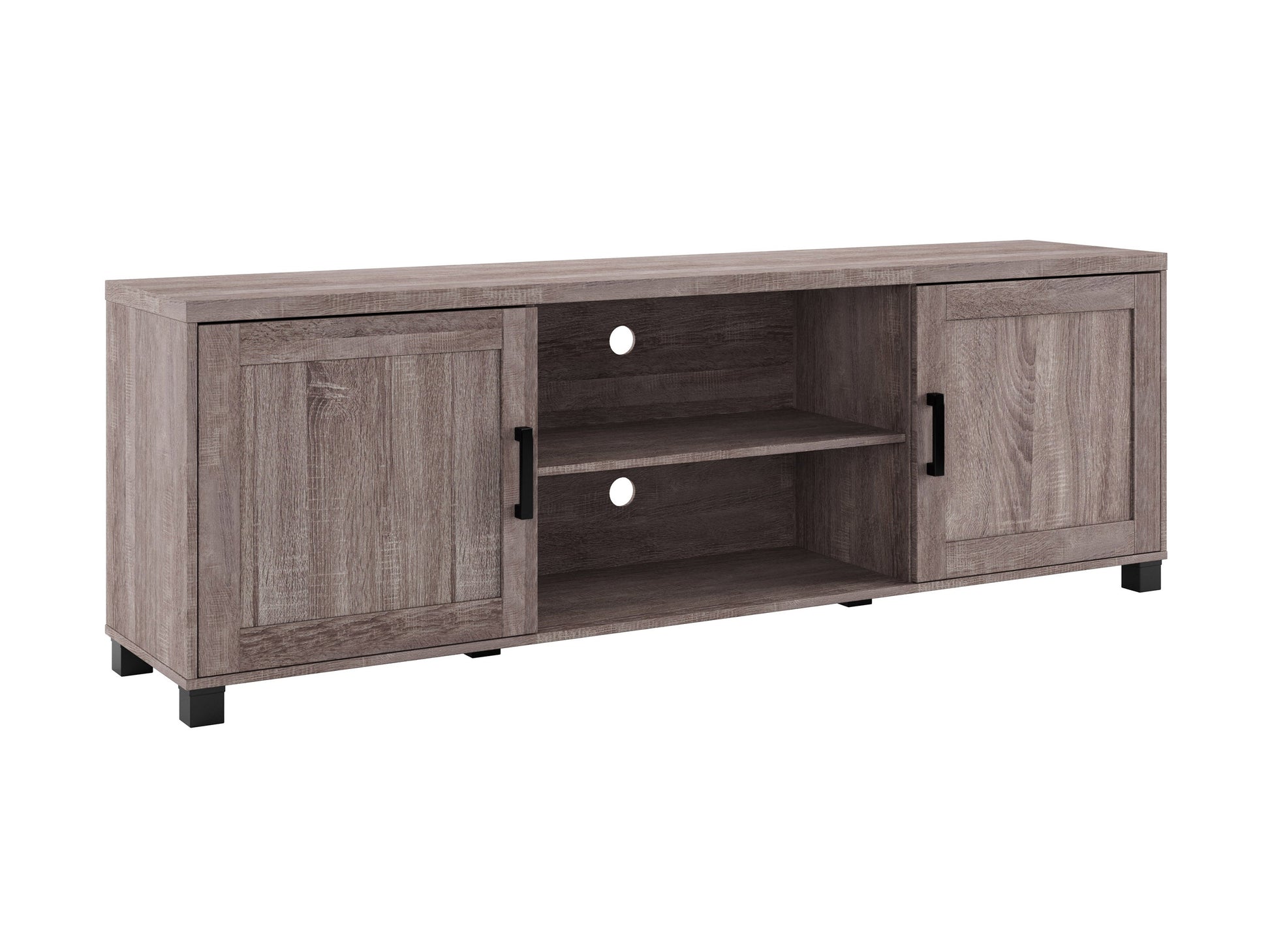 Brown wooden TV stand with doors, suitable for TVs up to 85 inches. Features a sleek design with ample storage space, including two cabinets and open shelving, perfect for living room organization.
