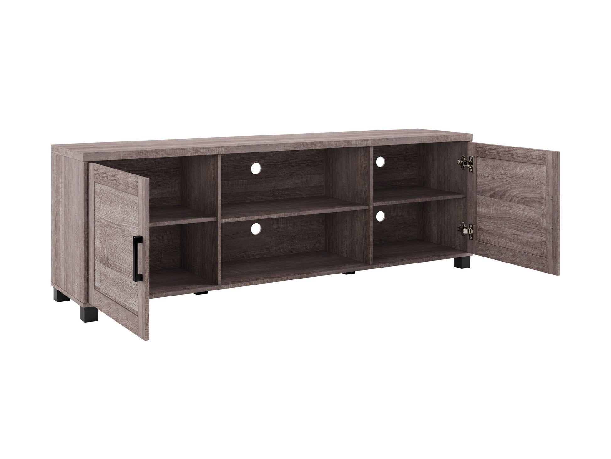 Brown wooden TV stand with doors, suitable for TVs up to 85 inches. Features a sleek design with ample storage space, including two cabinets and open shelving, perfect for living room organization.