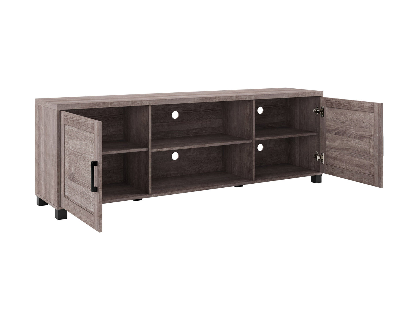 Brown wooden TV stand with doors, suitable for TVs up to 85 inches. Features a sleek design with ample storage space, including two cabinets and open shelving, perfect for living room organization.