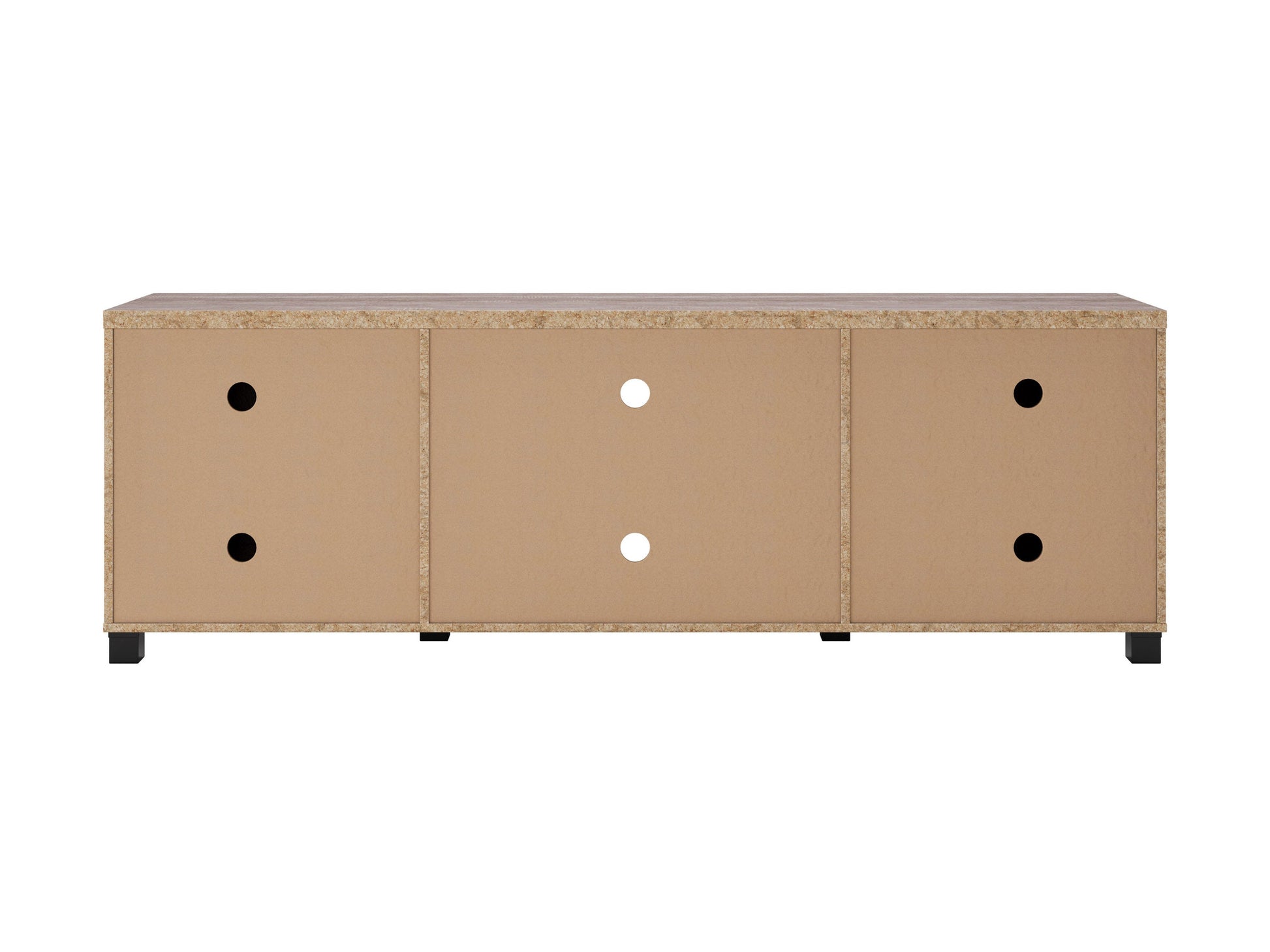 Brown wooden TV stand with doors, suitable for TVs up to 85 inches. Features a sleek design with ample storage space, including two cabinets and open shelving, perfect for living room organization.