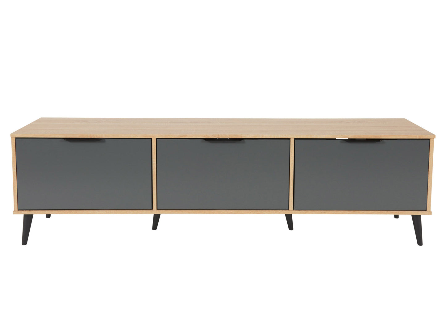 Light wood and grey TV stand with cabinet storage, fits TVs up to 85 inches, featuring sleek design, smooth textures, and ample storage space for media accessories.