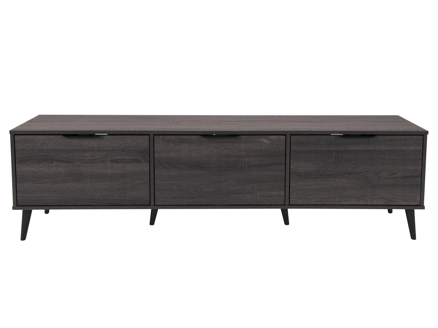 Dark grey TV stand with cabinet storage, suitable for TVs up to 85 inches, featuring sleek lines, modern design, and ample storage space with multiple compartments and shelves.