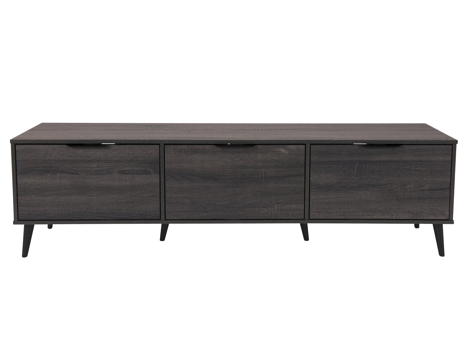 Dark grey TV stand with cabinet storage, suitable for TVs up to 85 inches, featuring sleek lines, modern design, and ample storage space with multiple compartments and shelves.