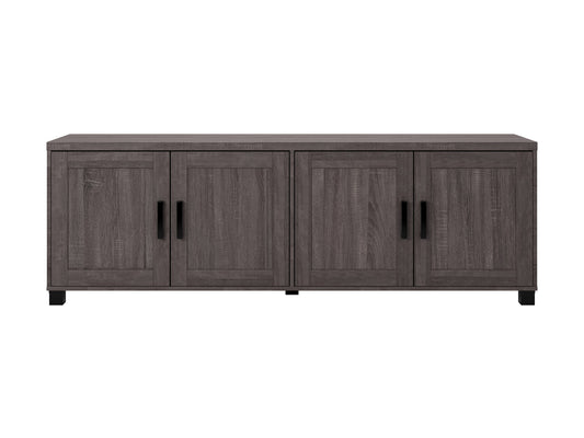 Brown wooden TV stand with doors, suitable for TVs up to 85 inches. Features a sleek design with ample storage space, including two cabinets and open shelving, perfect for living room organization.