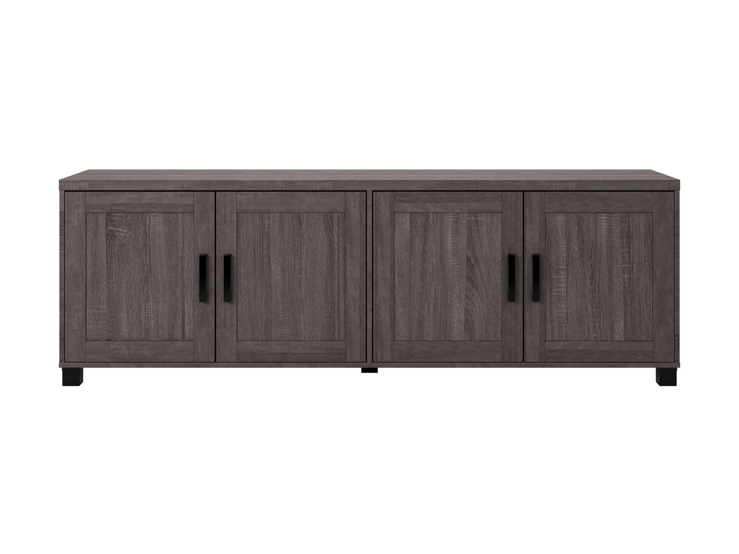 Brown wooden TV stand with doors, suitable for TVs up to 85 inches. Features a sleek design with ample storage space, including two cabinets and open shelving, perfect for living room organization.