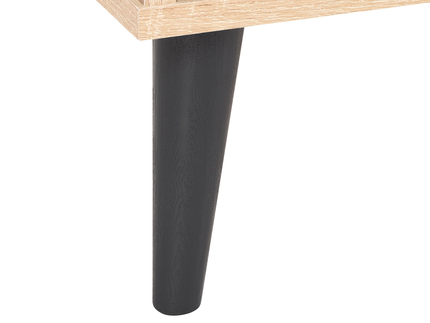 Light wood and grey TV stand with open shelves, suitable for TVs up to 85 inches. Modern design with ample storage space for media devices and accessories. Durable materials and sleek finish.