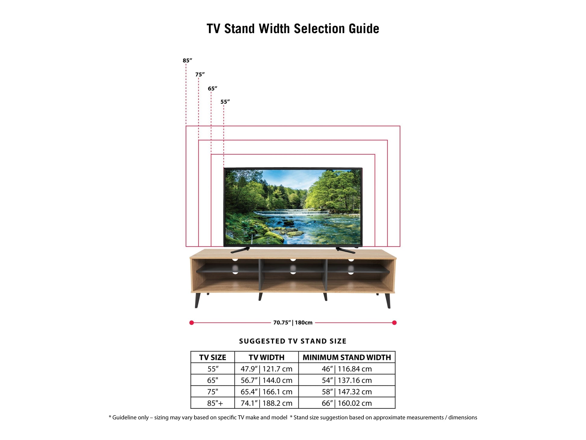 Light wood and grey TV stand with open shelves, suitable for TVs up to 85 inches. Modern design with ample storage space for media devices and accessories. Durable materials and sleek finish.