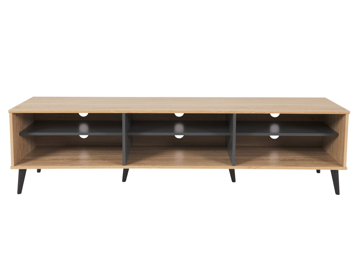 Light wood and grey TV stand with open shelves, suitable for TVs up to 85 inches. Modern design with ample storage space for media devices and accessories. Durable materials and sleek finish.