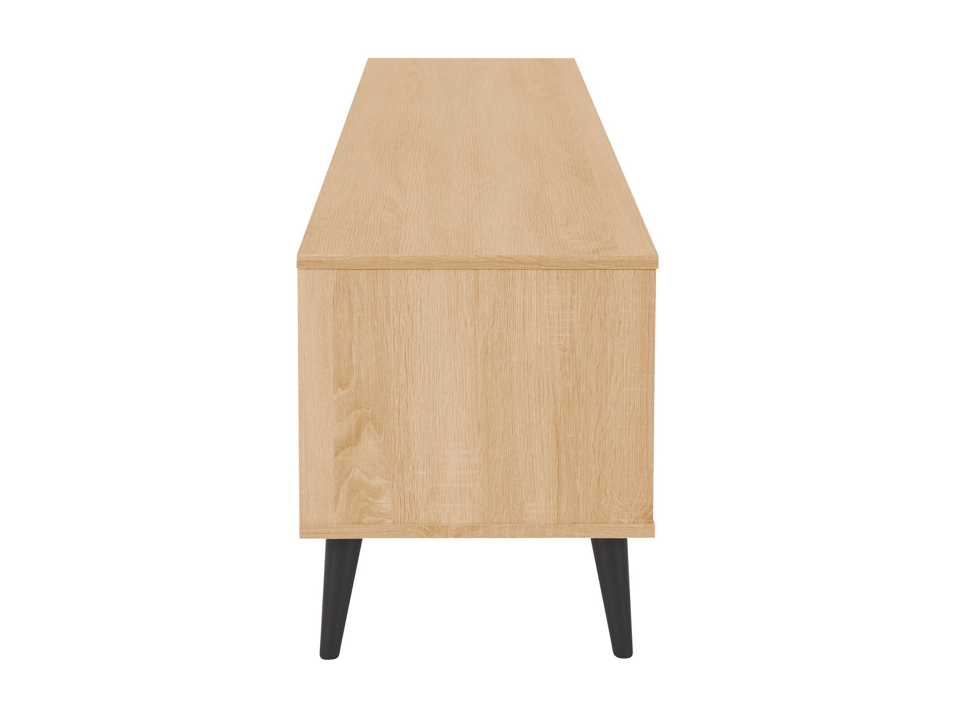 Light wood and grey TV stand with open shelves, suitable for TVs up to 85 inches. Modern design with ample storage space for media devices and accessories. Durable materials and sleek finish.