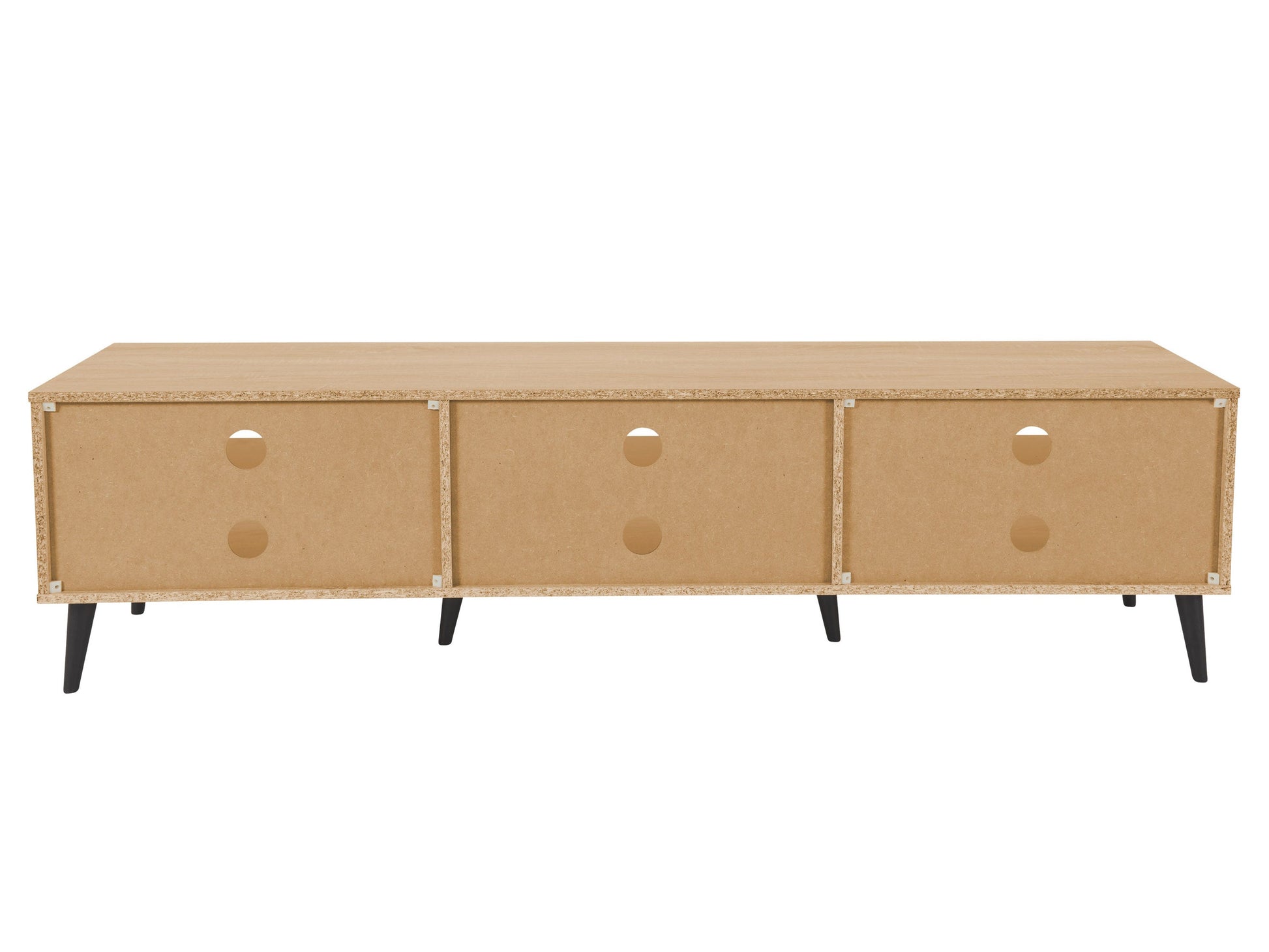Light wood and grey TV stand with open shelves, suitable for TVs up to 85 inches. Modern design with ample storage space for media devices and accessories. Durable materials and sleek finish.