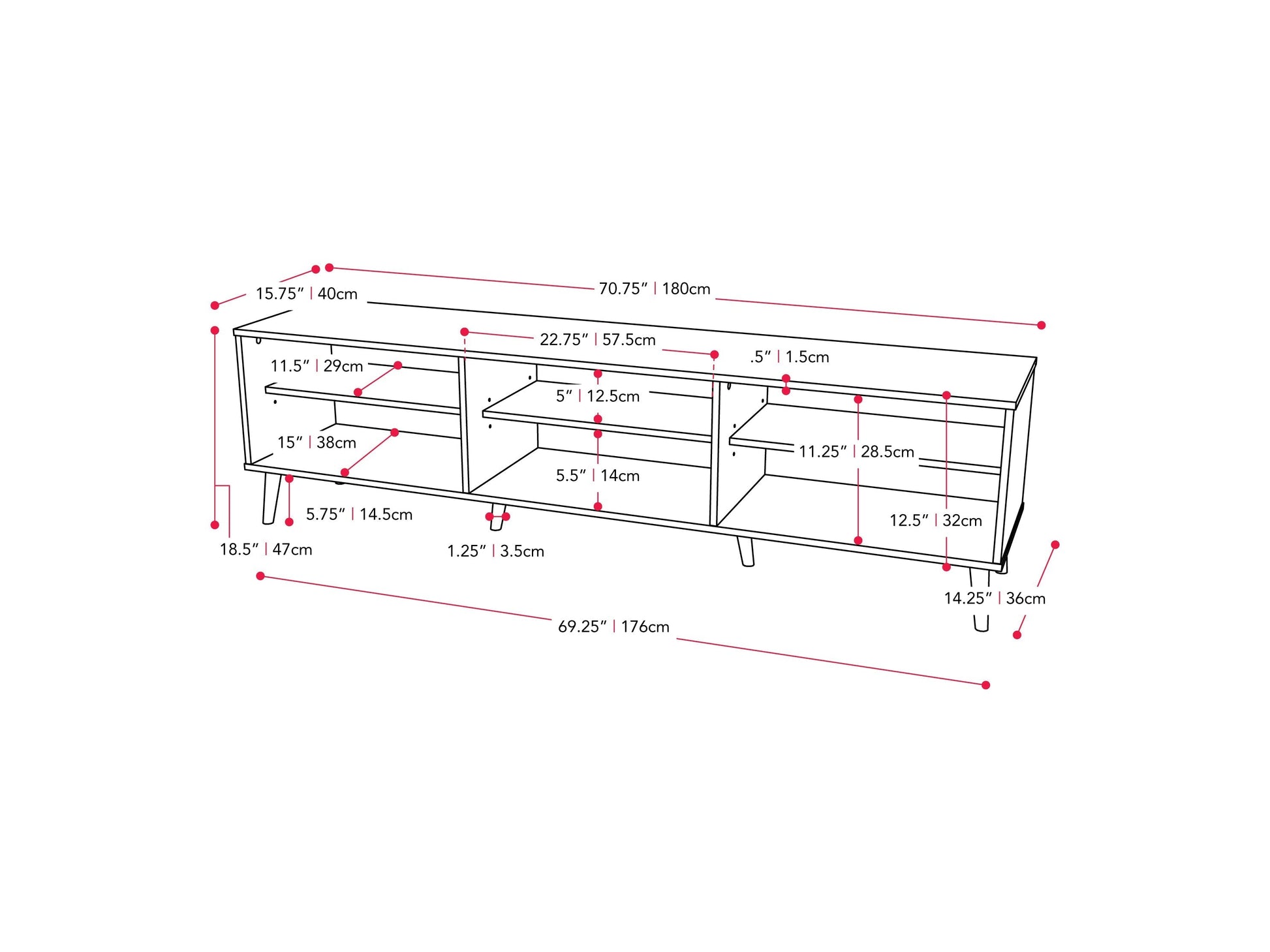 Dark grey TV bench with open shelves, suitable for TVs up to 85 inches. Features sleek, modern design with ample storage space for media devices, books, and decor. Durable wood construction with smooth finish.