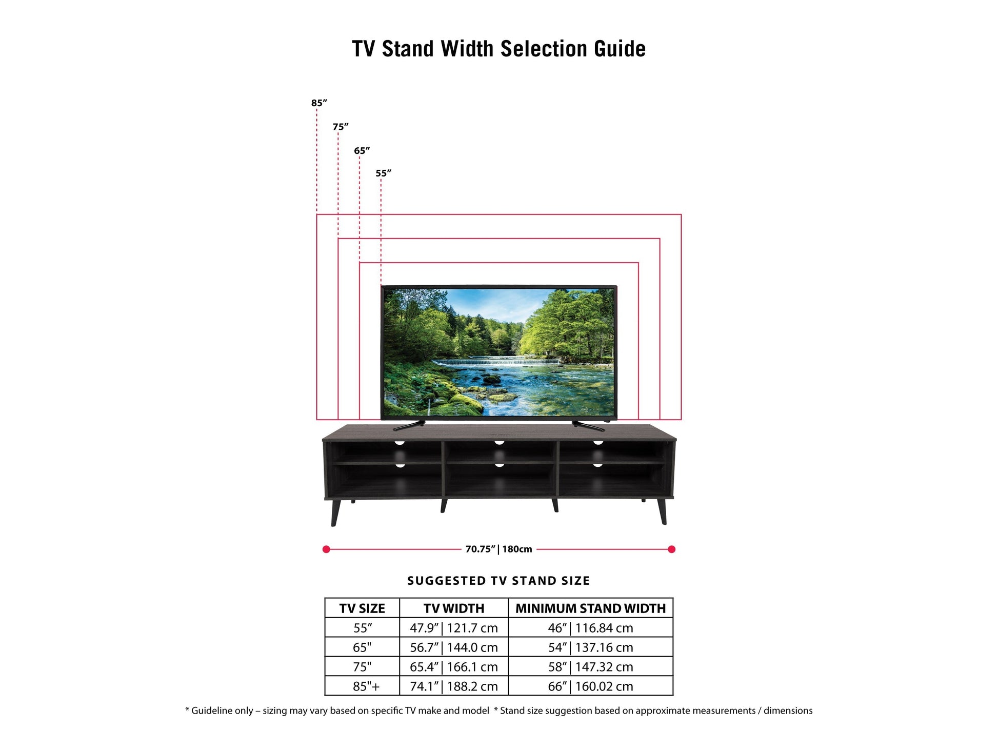Dark grey TV bench with open shelves, suitable for TVs up to 85 inches. Features sleek, modern design with ample storage space for media devices, books, and decor. Durable wood construction with smooth finish.