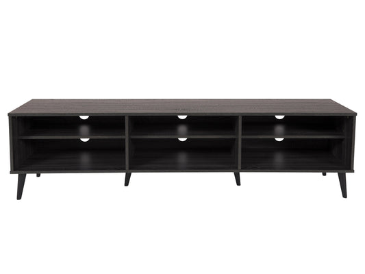 Dark grey TV bench with open shelves, suitable for TVs up to 85 inches. Features sleek, modern design with ample storage space for media devices, books, and decor. Durable wood construction with smooth finish.