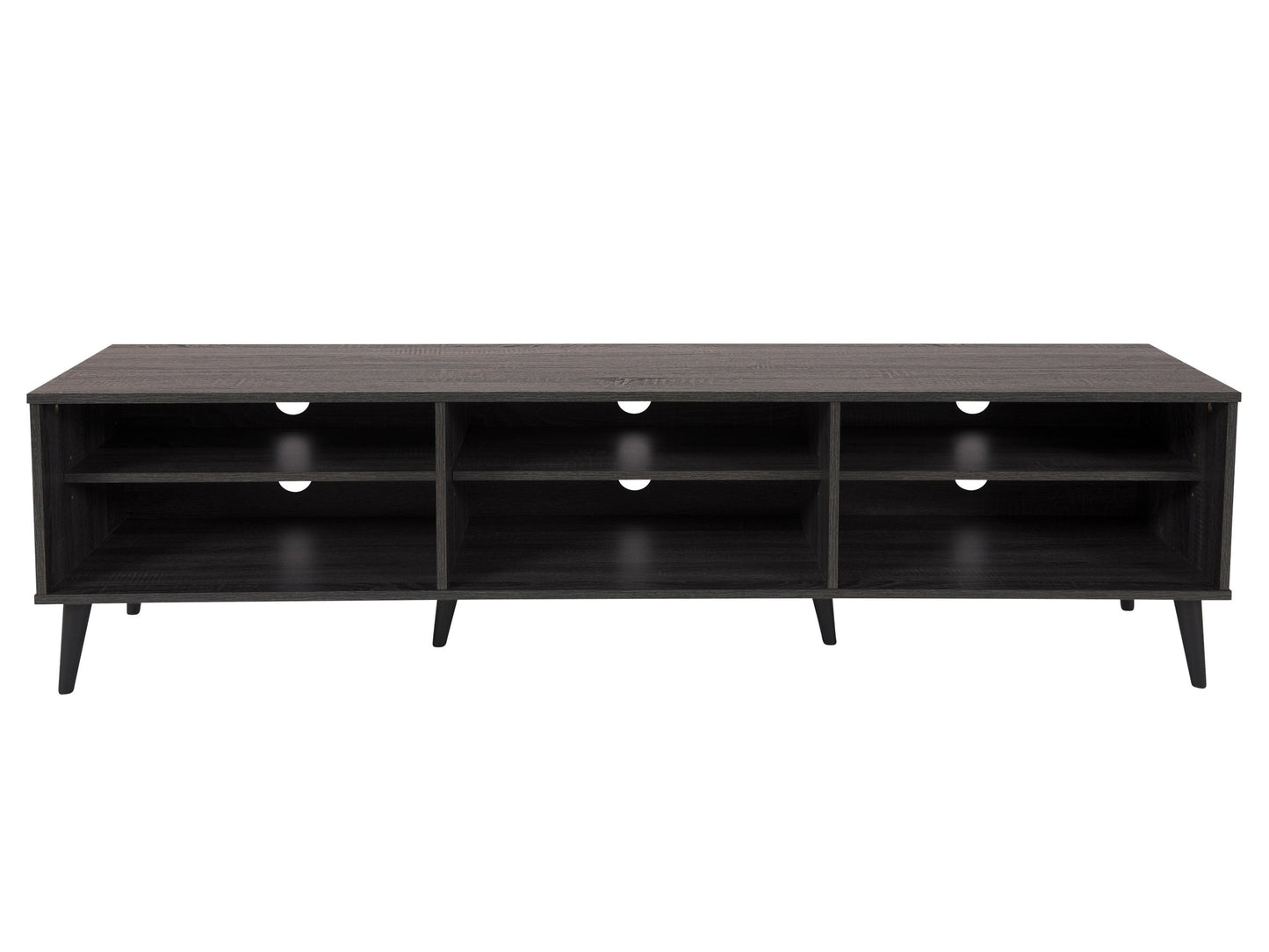 Dark grey TV bench with open shelves, suitable for TVs up to 85 inches. Features sleek, modern design with ample storage space for media devices, books, and decor. Durable wood construction with smooth finish.