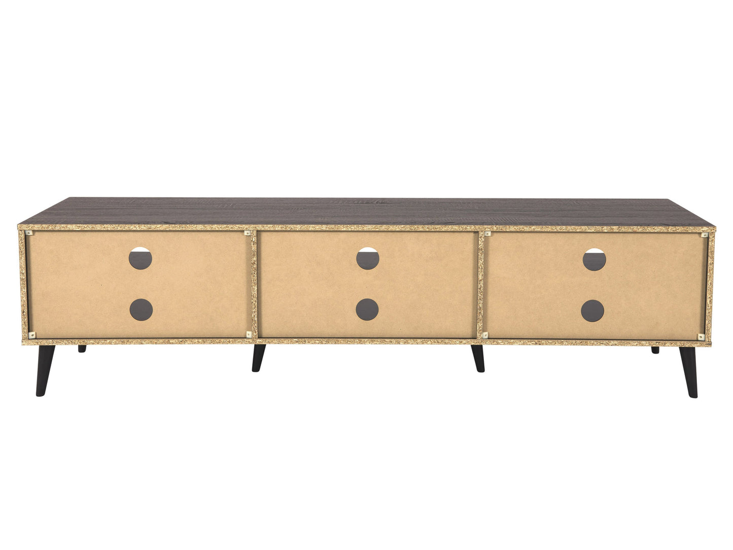 Dark grey TV bench with open shelves, suitable for TVs up to 85 inches. Features sleek, modern design with ample storage space for media devices, books, and decor. Durable wood construction with smooth finish.