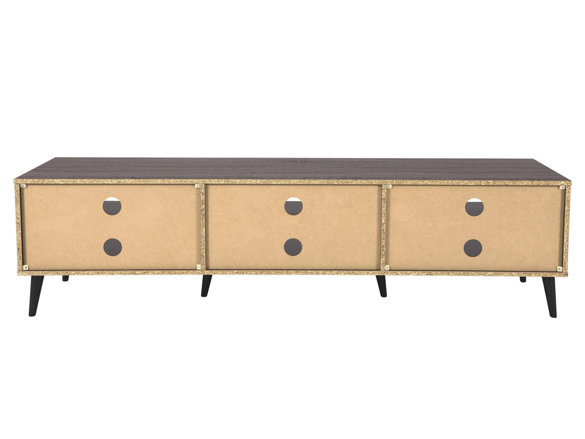 Dark grey TV bench with open shelves, suitable for TVs up to 85 inches. Features sleek, modern design with ample storage space for media devices, books, and decor. Durable wood construction with smooth finish.