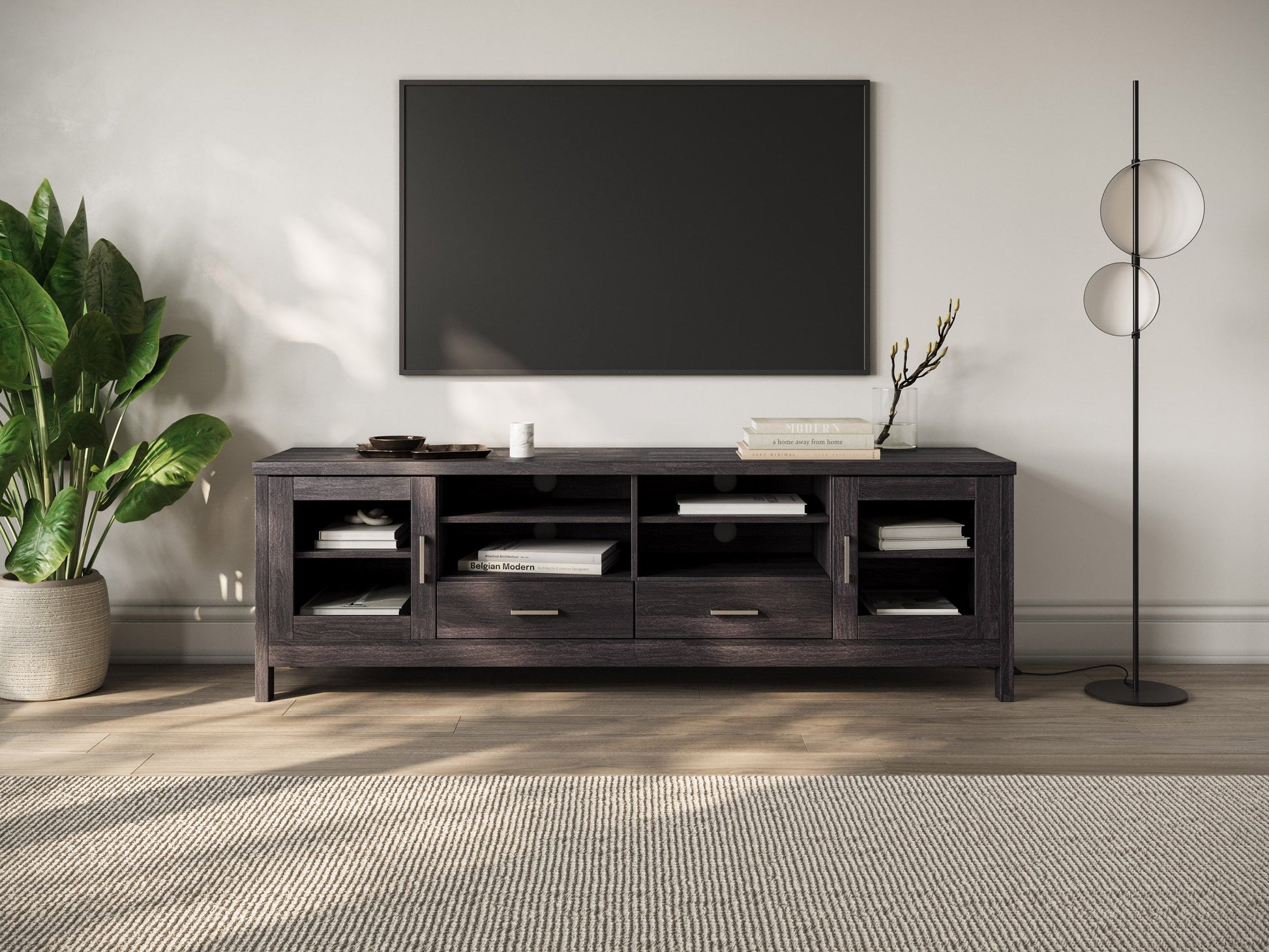 dark grey TV Cabinet with Drawers for TVs up to 85" Hollywood Collection lifestyle scene by CorLiving#color_dark-grey