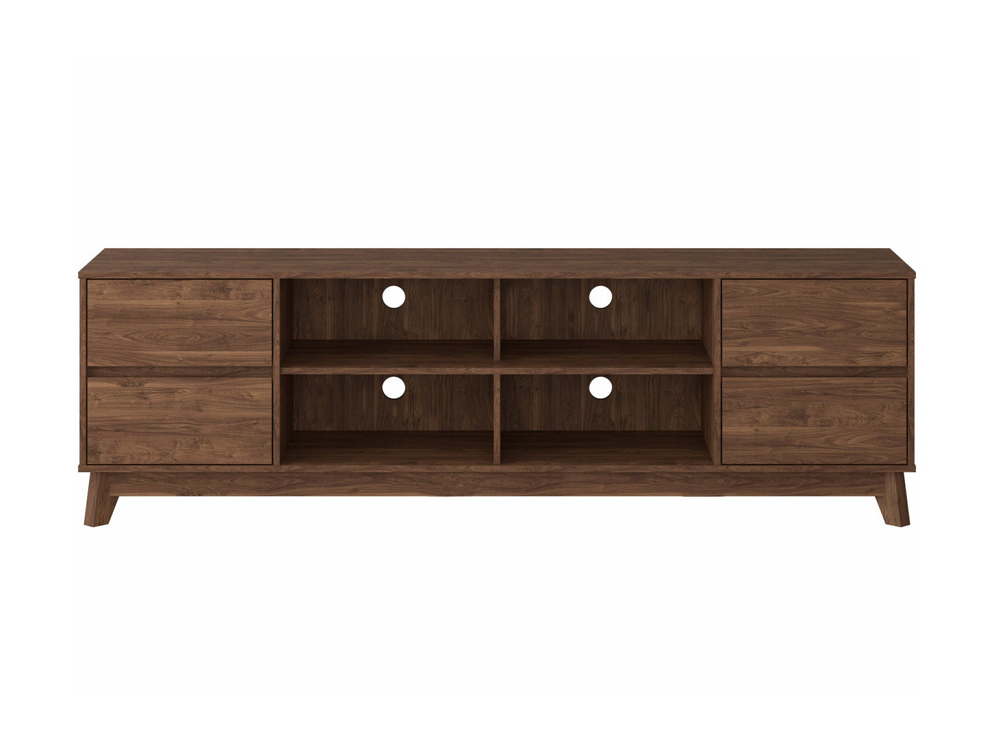 Modern brown TV stand for TVs up to 85 inches, featuring sleek lines, wood finish, open shelving, and two cabinets with metal handles for storage. Ideal for contemporary living rooms.