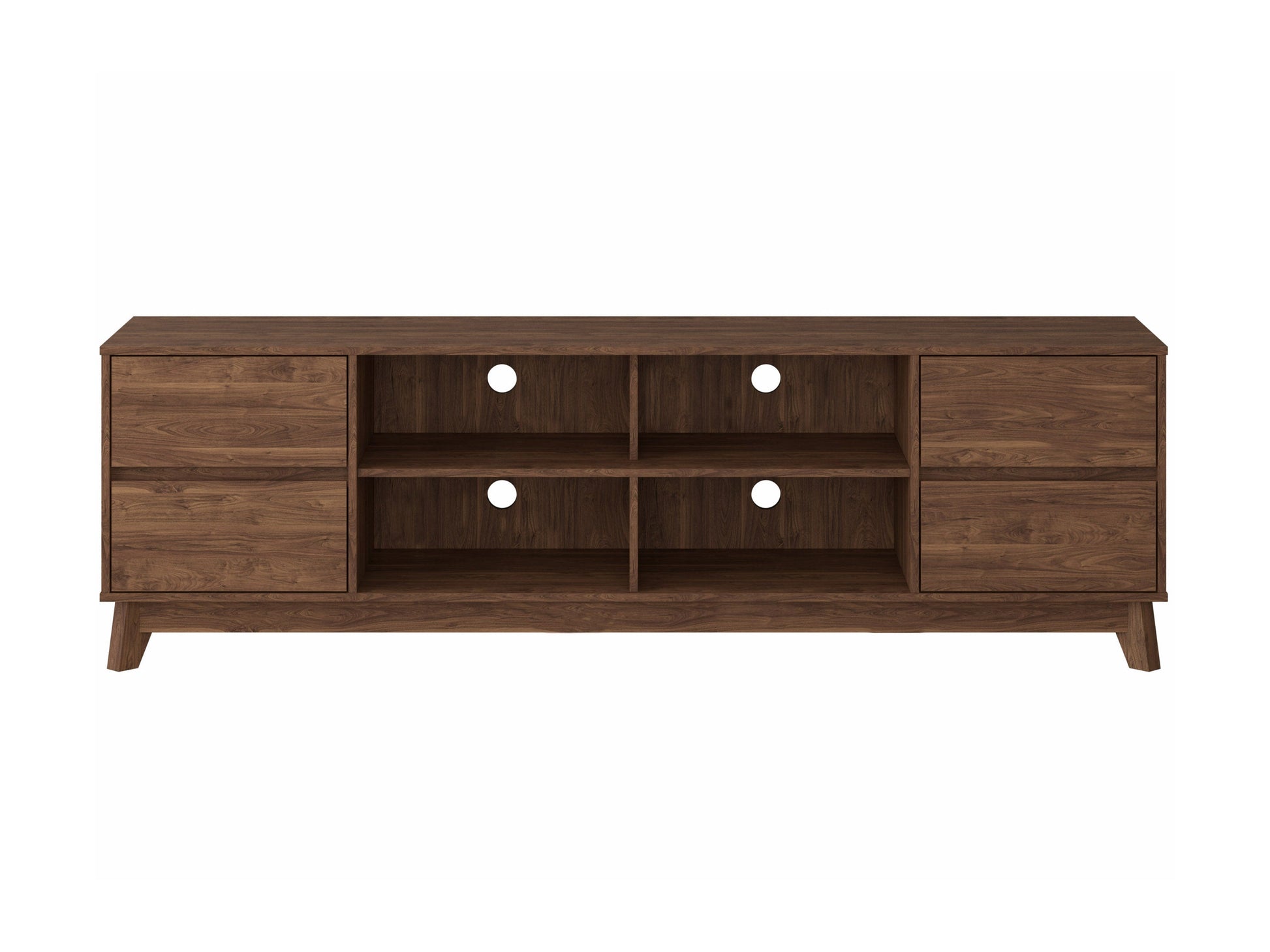Modern brown TV stand for TVs up to 85 inches, featuring sleek lines, wood finish, open shelving, and two cabinets with metal handles for storage. Ideal for contemporary living rooms.