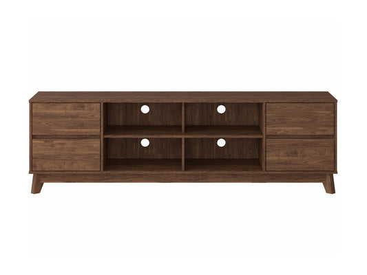Modern brown TV stand for TVs up to 85 inches, featuring sleek lines, wood finish, open shelving, and two cabinets with metal handles for storage. Ideal for contemporary living rooms.