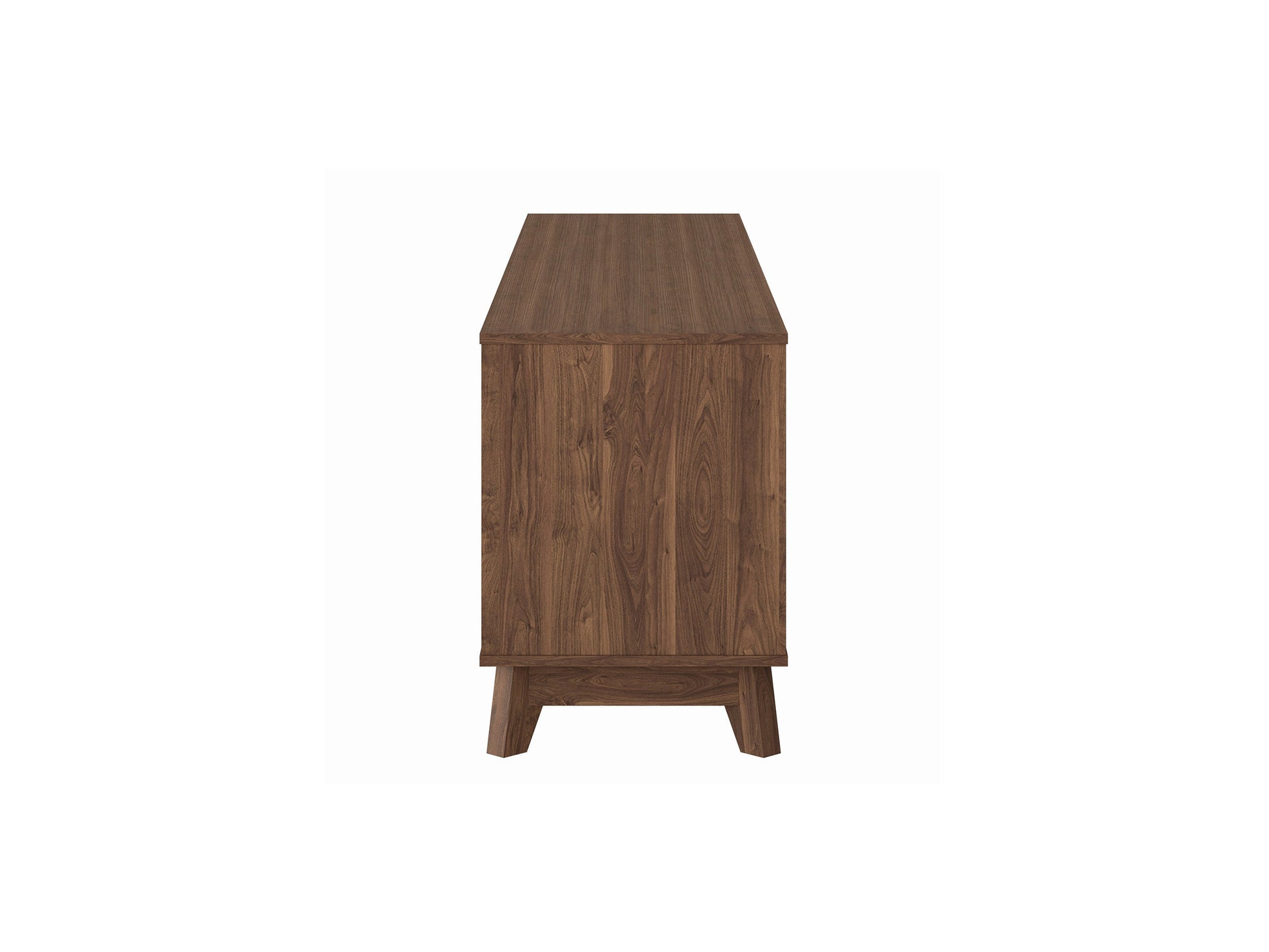 Modern brown TV stand for TVs up to 85 inches, featuring sleek lines, wood finish, open shelving, and two cabinets with metal handles for storage. Ideal for contemporary living rooms.