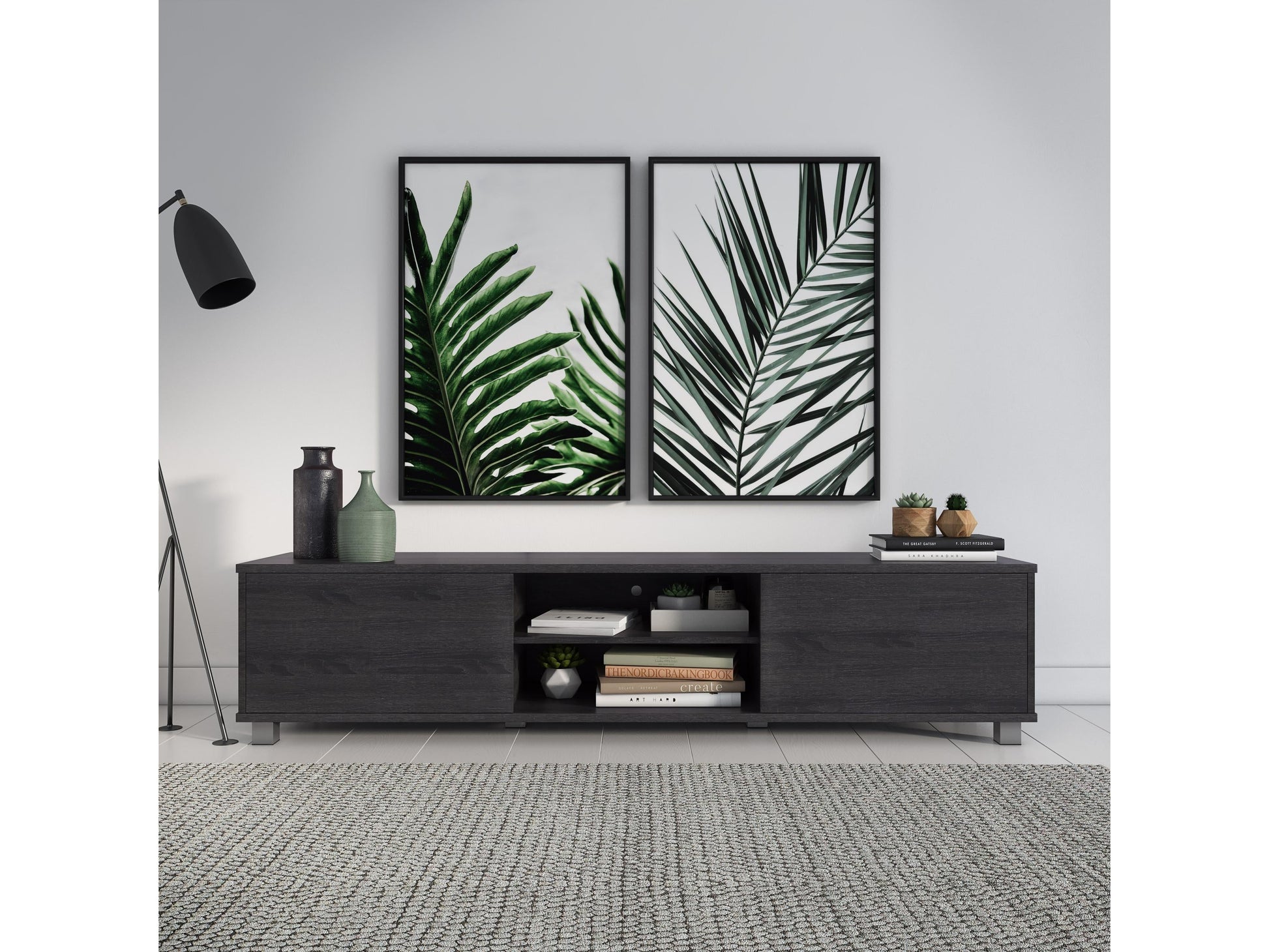 Dark grey modern TV stand for TVs up to 85 inches, featuring sleek lines, ample storage with open shelves and cabinets, made of high-quality wood and metal accents, perfect for contemporary living rooms.