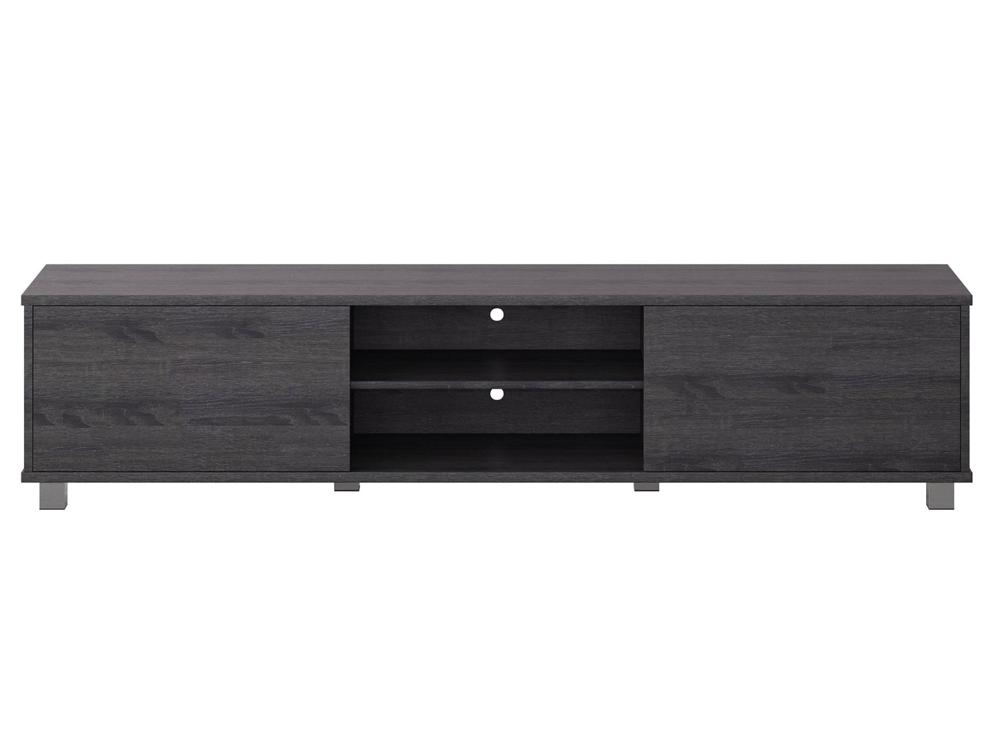 Dark grey modern TV stand for TVs up to 85 inches, featuring sleek lines, ample storage with open shelves and cabinets, made of high-quality wood and metal accents, perfect for contemporary living rooms.
