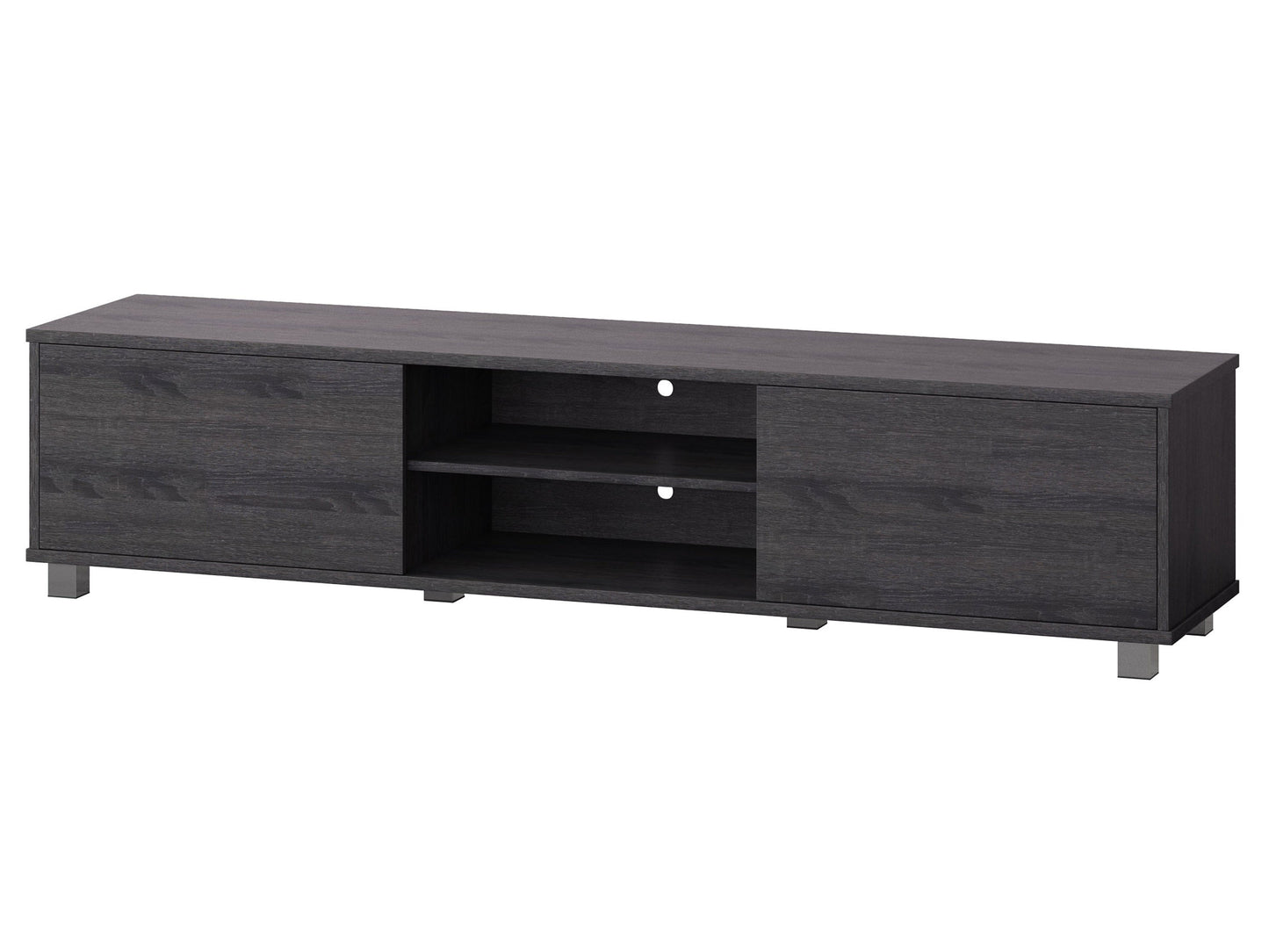 Dark grey modern TV stand for TVs up to 85 inches, featuring sleek lines, ample storage with open shelves and cabinets, made of high-quality wood and metal accents, perfect for contemporary living rooms.