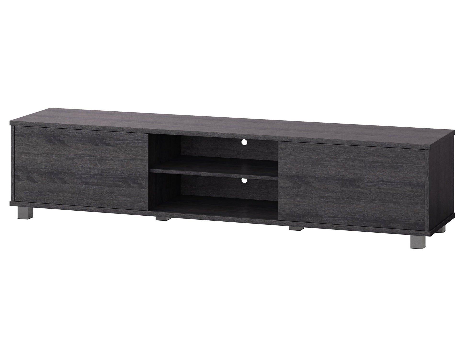 Dark grey modern TV stand for TVs up to 85 inches, featuring sleek lines, ample storage with open shelves and cabinets, made of high-quality wood and metal accents, perfect for contemporary living rooms.