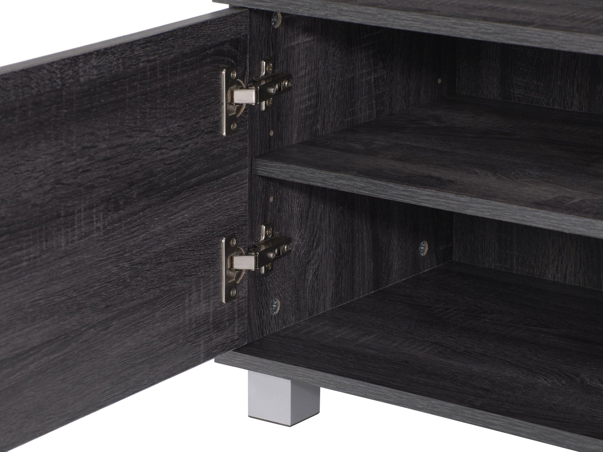 Dark wood media cabinet with two glass doors, adjustable shelves, and sleek metal handles. Ideal for organizing electronics, books, and decor. Modern design with a rich walnut finish. Perfect for living rooms and media centers.