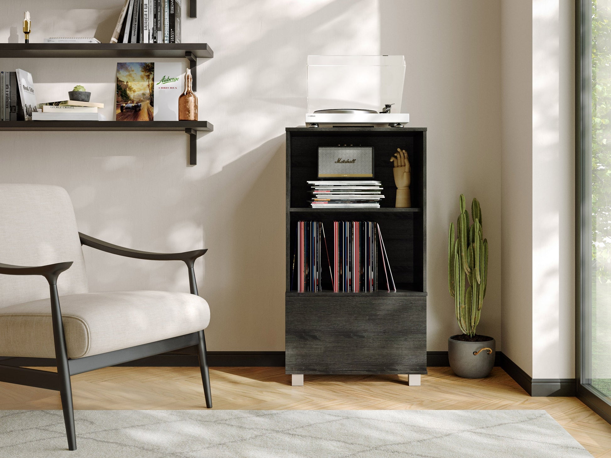 Dark wood media cabinet with two glass doors, adjustable shelves, and sleek metal handles. Ideal for organizing electronics, books, and decor. Modern design with a rich walnut finish. Perfect for living rooms and media centers.