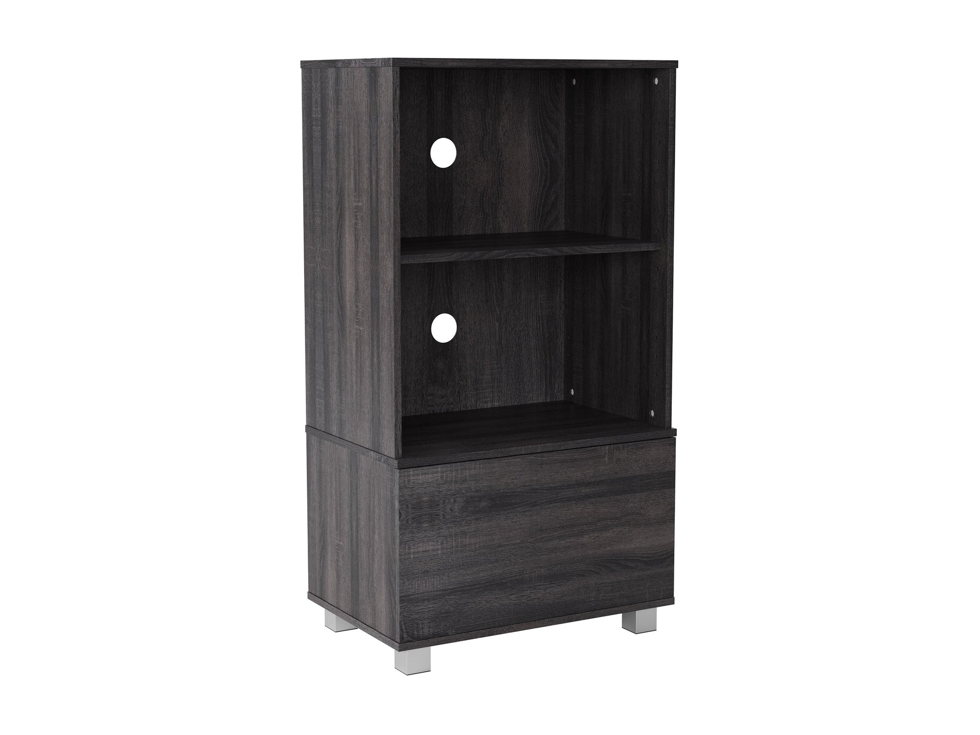 Dark wood media cabinet with two glass doors, adjustable shelves, and sleek metal handles. Ideal for organizing electronics, books, and decor. Modern design with a rich walnut finish. Perfect for living rooms and media centers.