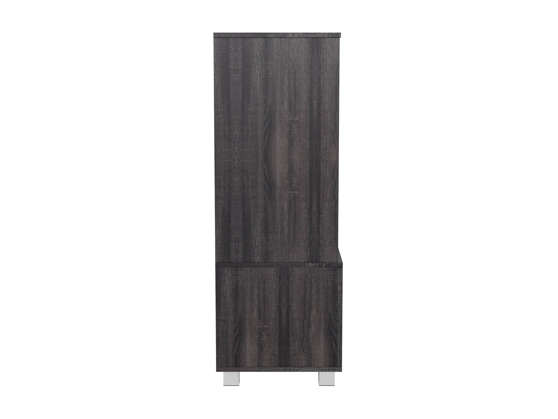 Dark wood media cabinet with two glass doors, adjustable shelves, and sleek metal handles. Ideal for organizing electronics, books, and decor. Modern design with a rich walnut finish. Perfect for living rooms and media centers.