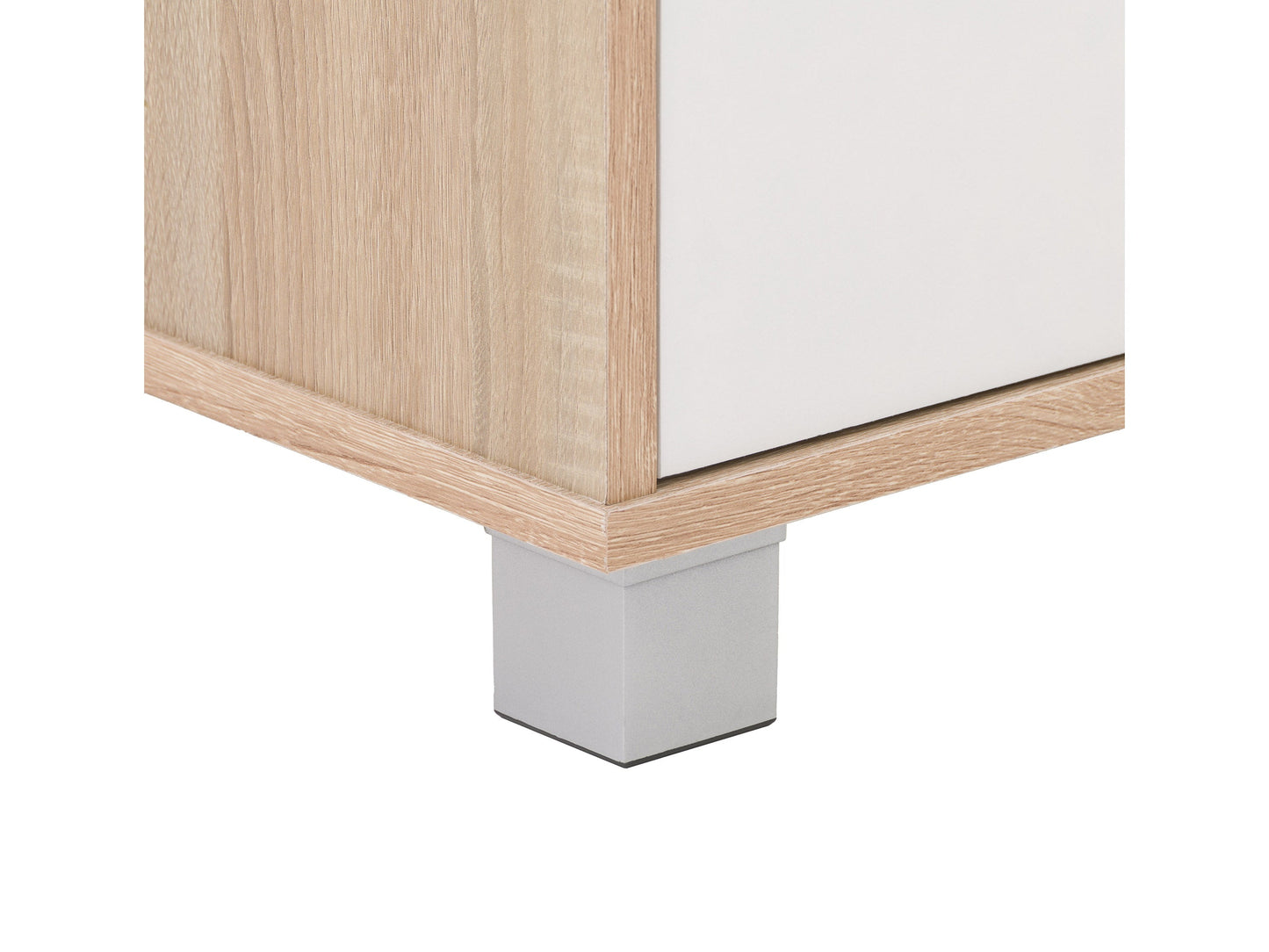 Brown and white modern TV stand with sleek design, accommodates TVs up to 85 inches, features open shelving, and minimalist metal legs.