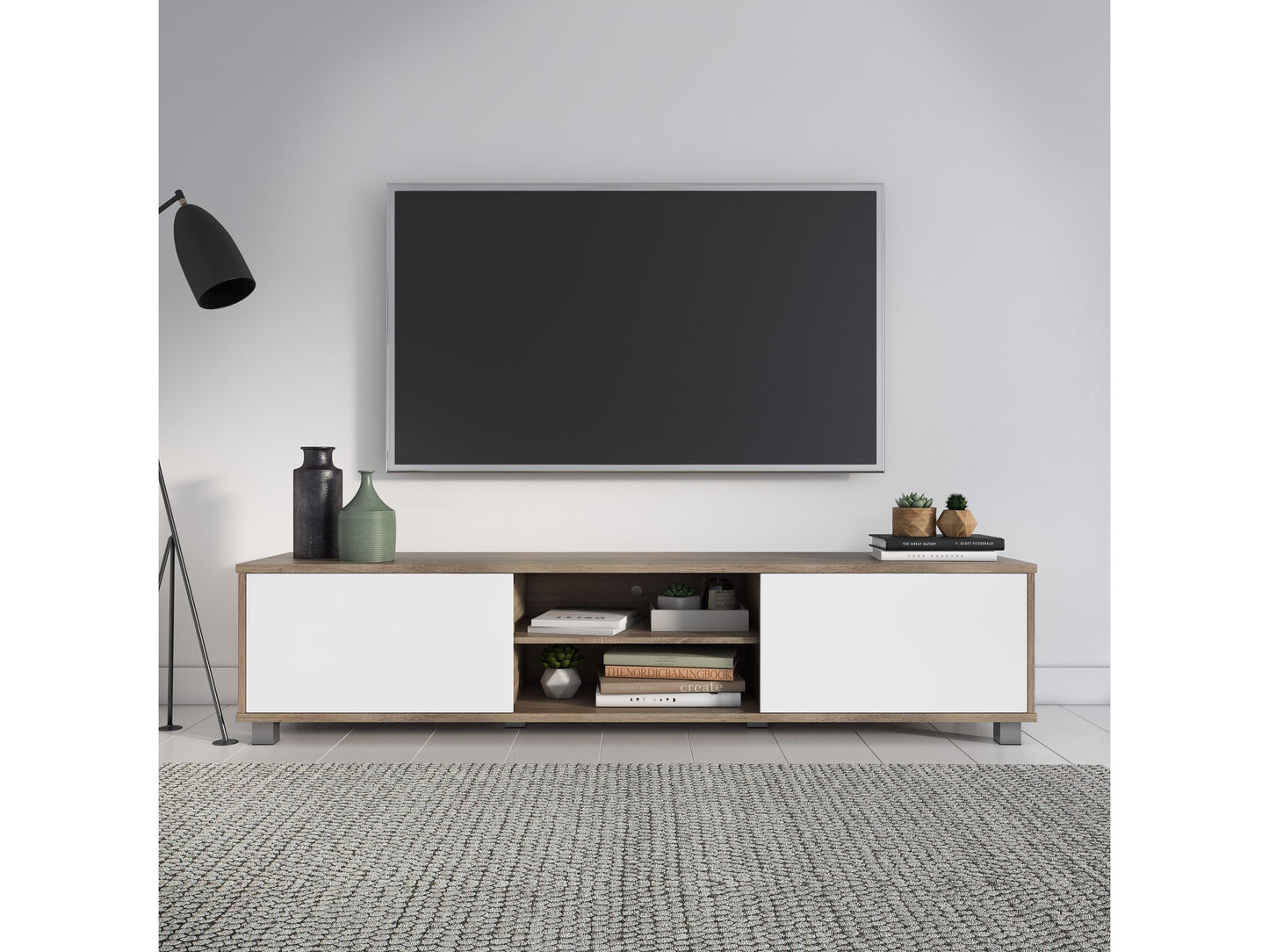 Brown and white modern TV stand with sleek design, accommodates TVs up to 85 inches, features open shelving, and minimalist metal legs.