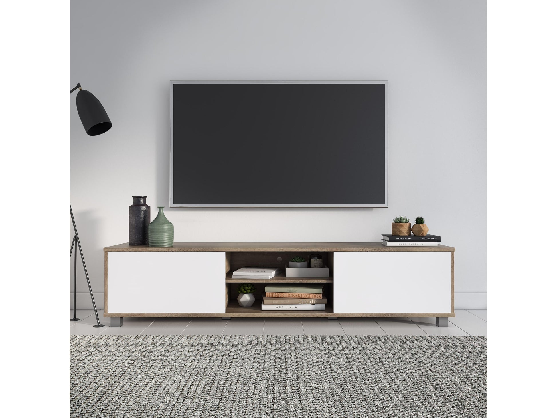 Brown and white modern TV stand with sleek design, accommodates TVs up to 85 inches, features open shelving, and minimalist metal legs.