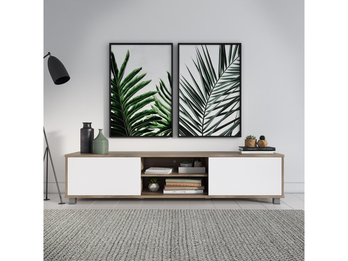 Brown and white modern TV stand with sleek design, accommodates TVs up to 85 inches, features open shelving, and minimalist metal legs.