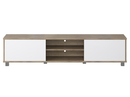 Brown and white modern TV stand with sleek design, accommodates TVs up to 85 inches, features open shelving, and minimalist metal legs.