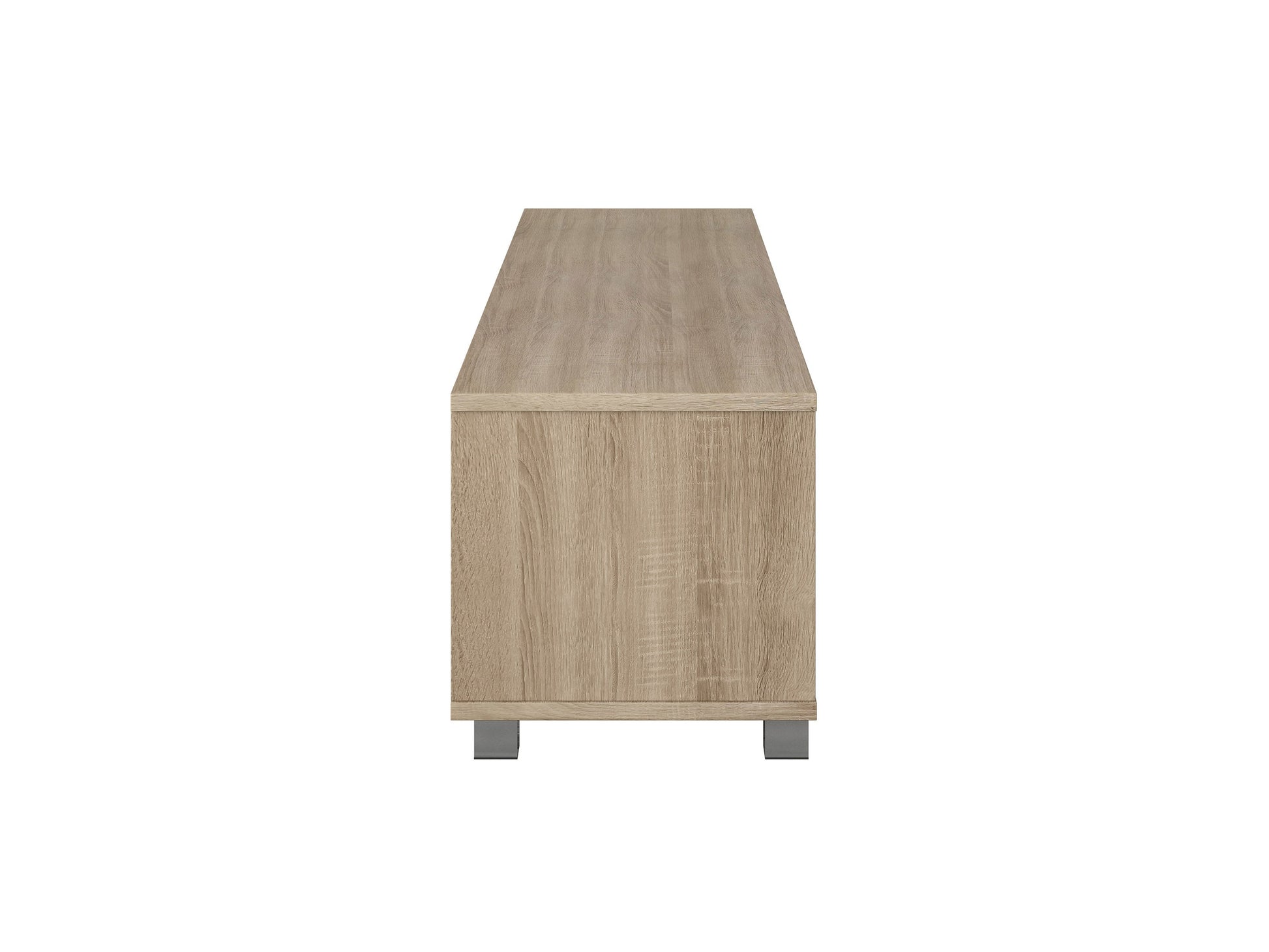 Brown and white modern TV stand with sleek design, accommodates TVs up to 85 inches, features open shelving, and minimalist metal legs.