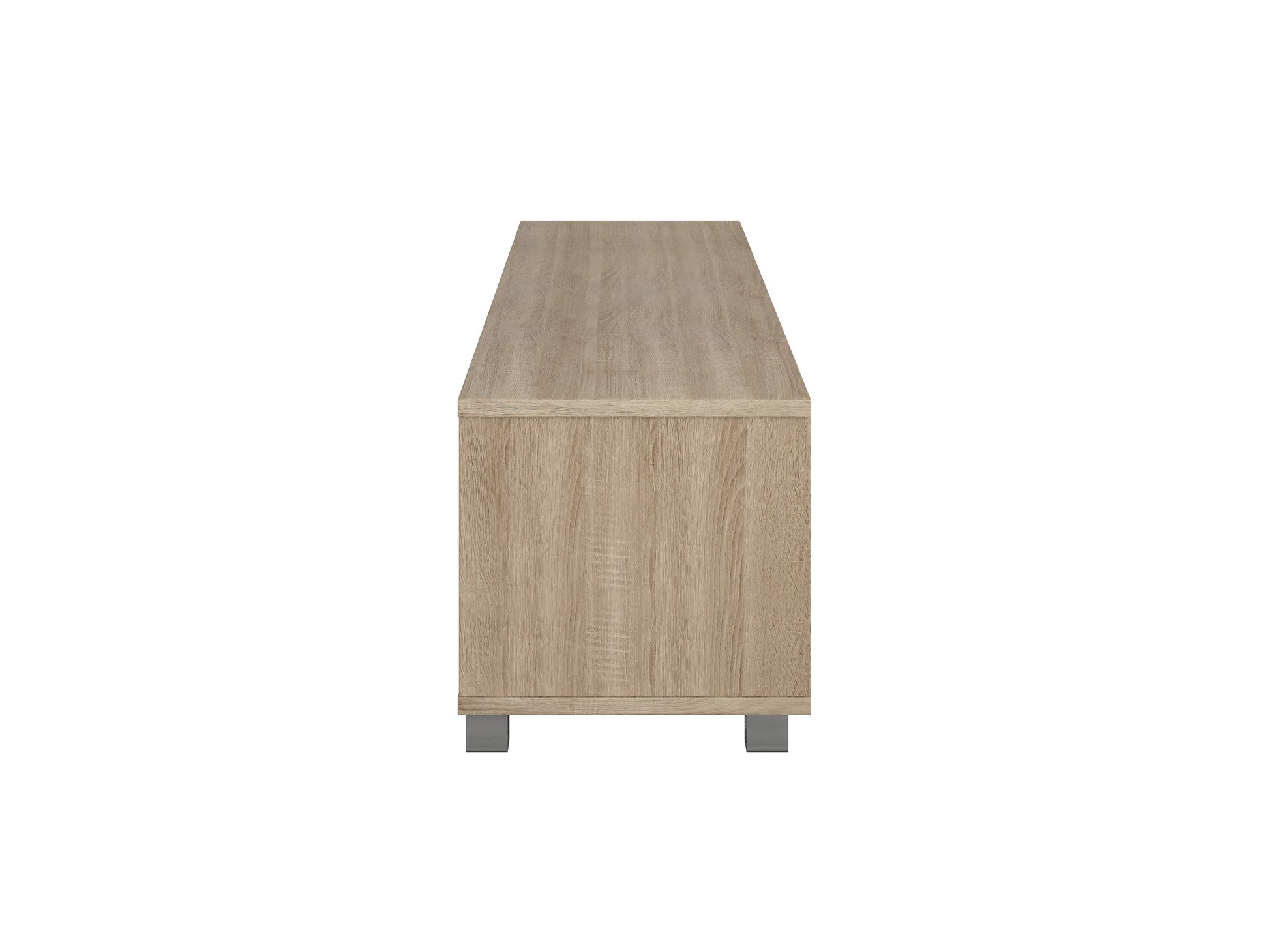 Brown and white modern TV stand with sleek design, accommodates TVs up to 85 inches, features open shelving, and minimalist metal legs.