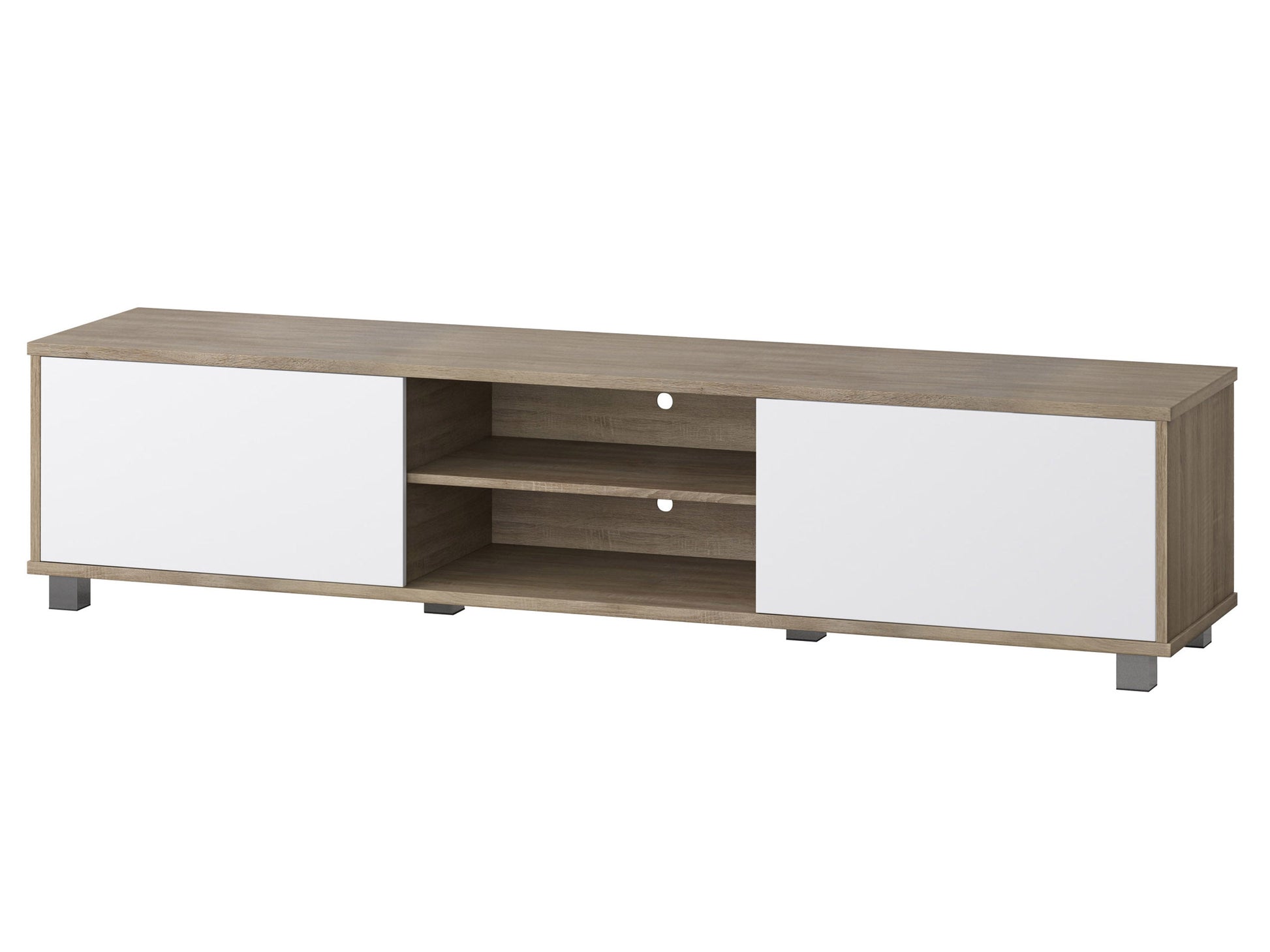 Brown and white modern TV stand with sleek design, accommodates TVs up to 85 inches, features open shelving, and minimalist metal legs.