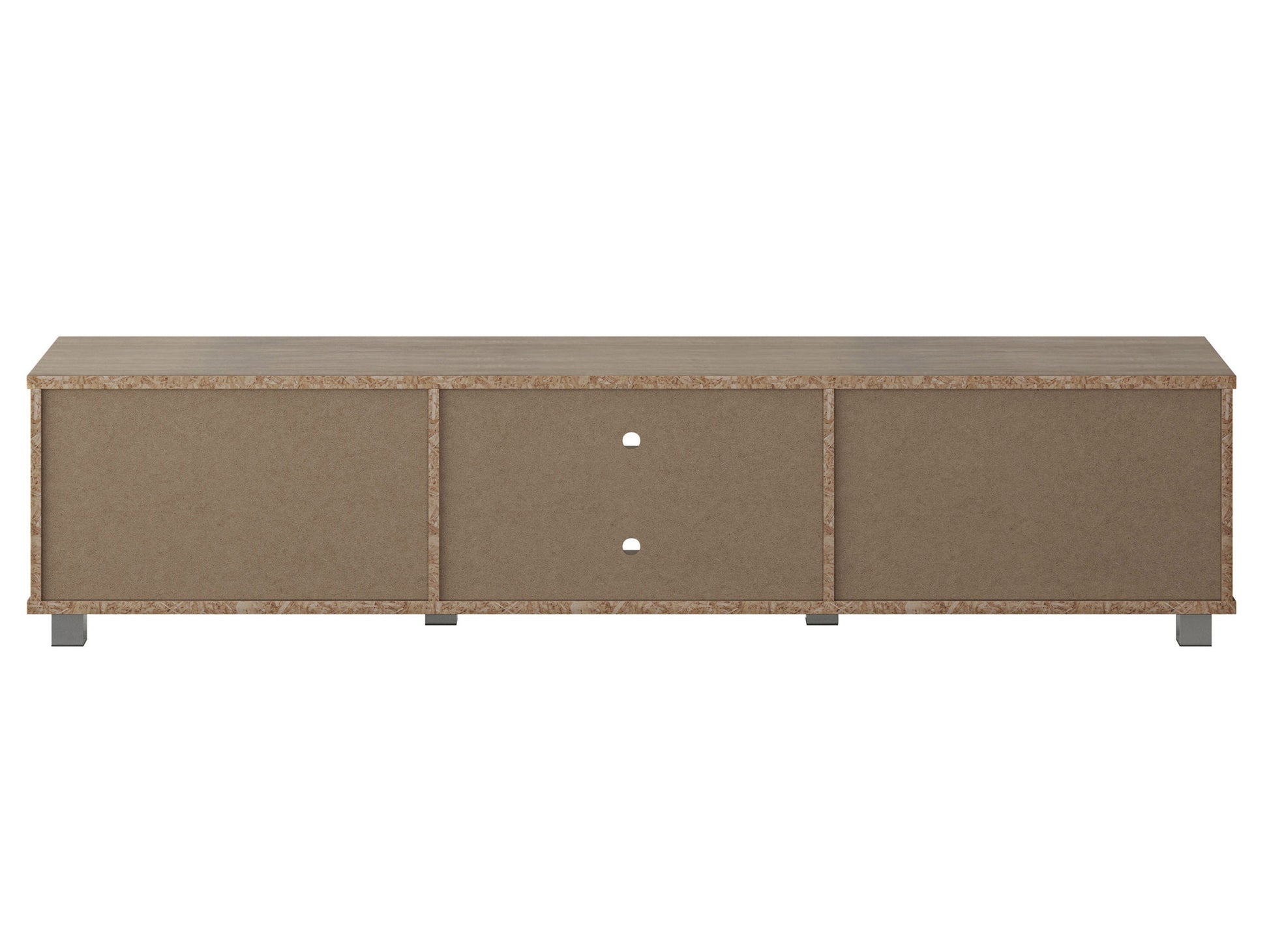 Brown and white modern TV stand with sleek design, accommodates TVs up to 85 inches, features open shelving, and minimalist metal legs.