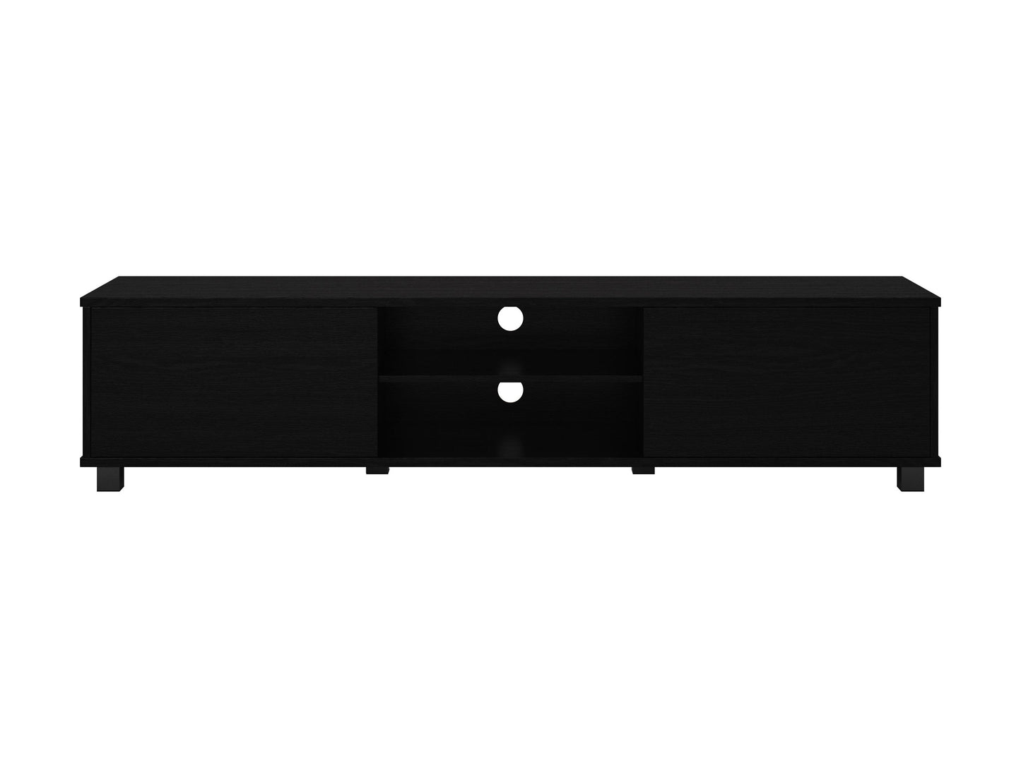 Modern black TV stand for TVs up to 85 inches, featuring sleek lines, minimalist design, and ample storage with open shelves and cabinets. Made of durable materials with a smooth finish.
