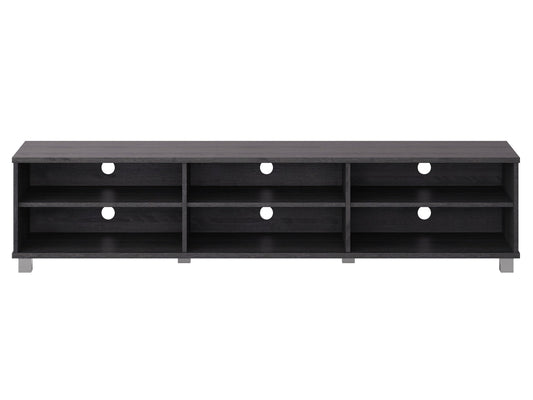 Grey modern TV stand for TVs up to 85 inches, featuring sleek lines, minimalist design, and ample storage with open shelves and cabinets. Made from durable wood with a smooth finish, perfect for contemporary living rooms.