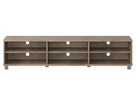 Modern brown TV stand for TVs up to 85 inches, featuring sleek lines, wood finish, open shelving, and two cabinets with metal handles for storage. Ideal for contemporary living rooms.