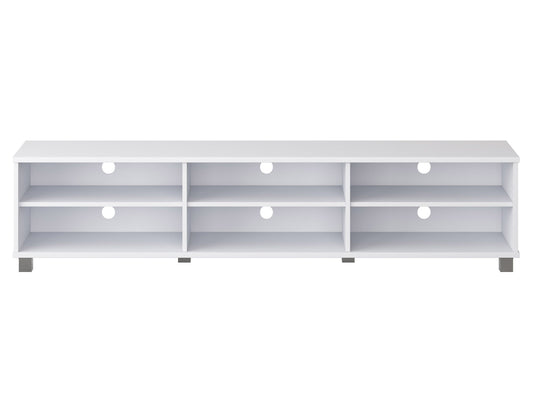 White modern TV stand for TVs up to 85 inches, featuring sleek design, clean lines, and spacious storage shelves. Made of durable materials with a glossy finish, perfect for contemporary living rooms.