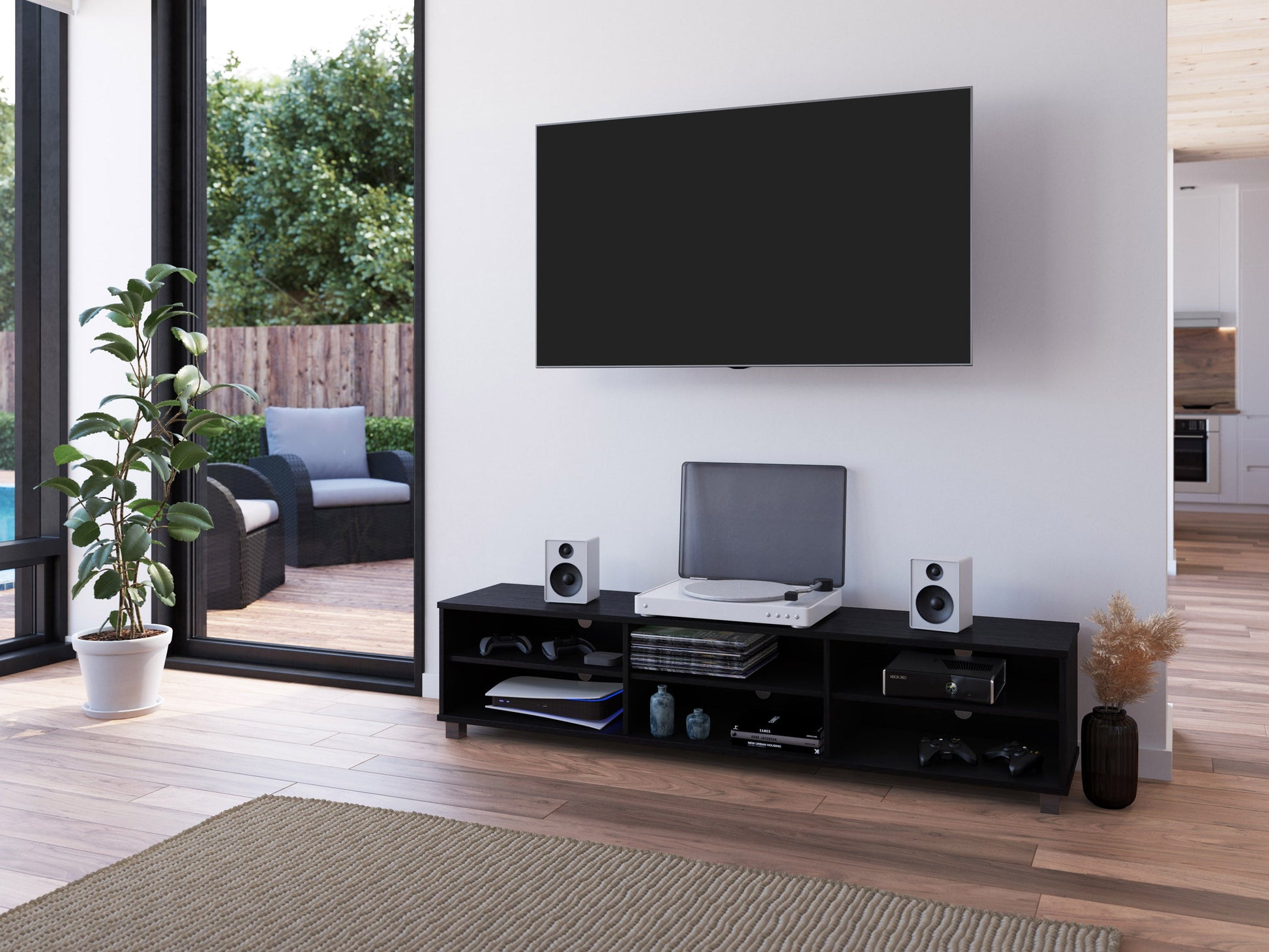 Modern black TV stand for TVs up to 85 inches, featuring sleek lines, minimalist design, and ample storage with open shelves and cabinets. Made of durable materials with a smooth finish.