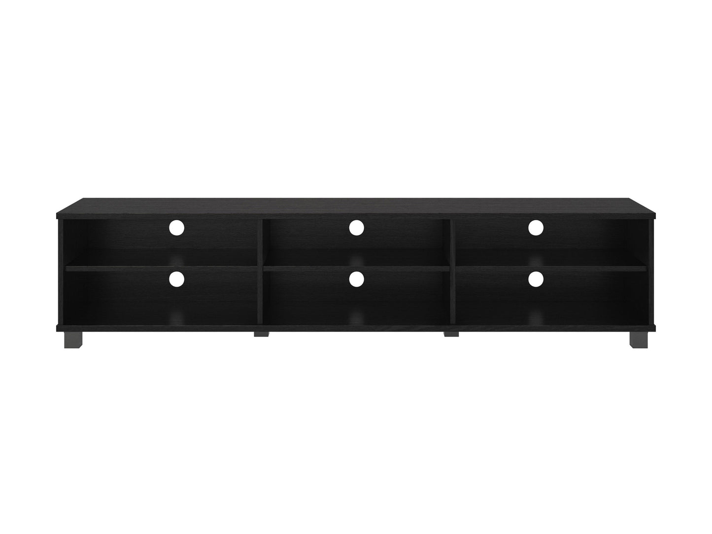 Modern black TV stand for TVs up to 85 inches, featuring sleek lines, minimalist design, and ample storage with open shelves and cabinets. Made of durable materials with a smooth finish.